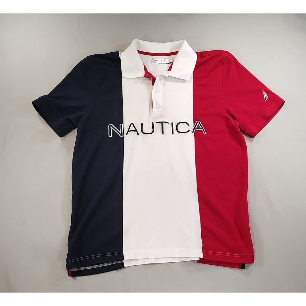 Nautica Mens Polo Shirt Large Tricolor Color Block Red White Blue Logo Short Slv